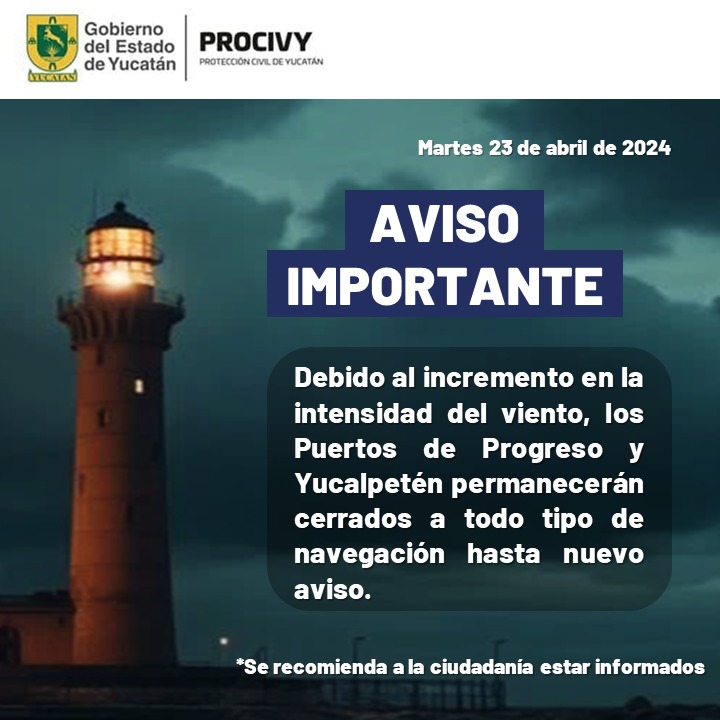 #Pronóstico

Debido al incremento en la intensidad del viento, los Puertos de #Progreso y #Yucalpetén permanecerán cerrados a todo tipo de navegación hasta nuevo aviso.