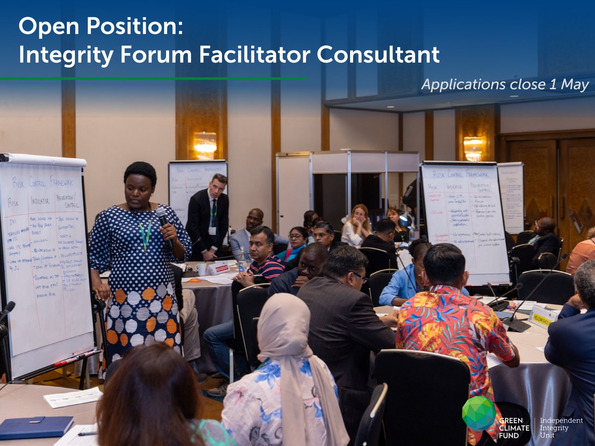 The IIU is seeking a consultant to facilitate the 3rd annual GCF Integrity Forum from 5-7 November in Songdo, South Korea.

This person will be develop the agenda, work with session leaders, build networks, and more.

Apply by 1 May: jobs.greenclimate.fund/job/Korea-%28K…

#ClimateJob #GreenJob