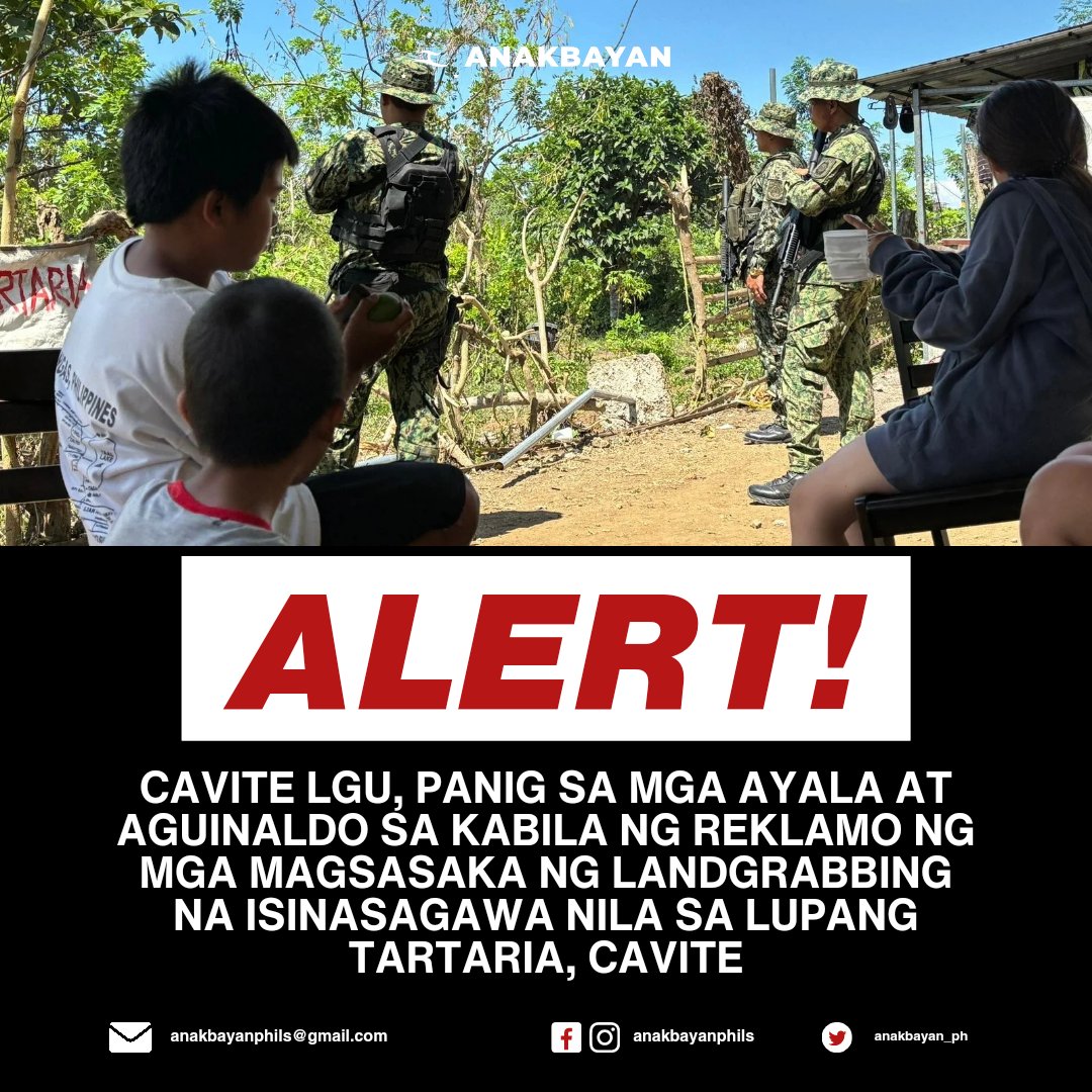 ALERT: CAVITE LGU, PANIG SA MGA AYALA AT AGUINALDO SA KABILA NG REKLAMO NG MGA MAGSASAKA NG LANDGRABBING SA LUPANG TARTARIA, CAVITE.

#DefendLupangTartaria
#StandWithFarmers
#DefendTartaria