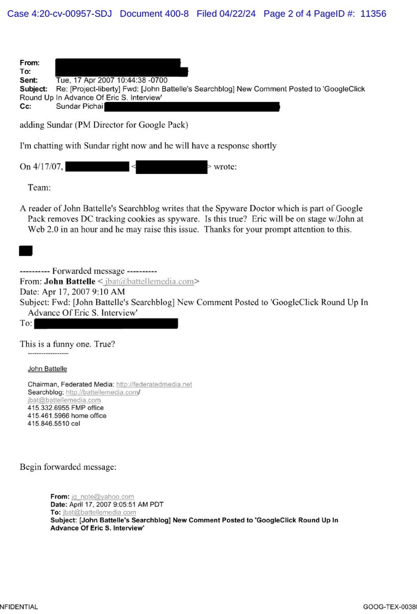 I mean, did you notice this 17 year old email unsealed in federal court yesterday? Google’s own software treating Google’s third party cookies as spyware. This is what happened when Google had to treat itself as a threat actor.