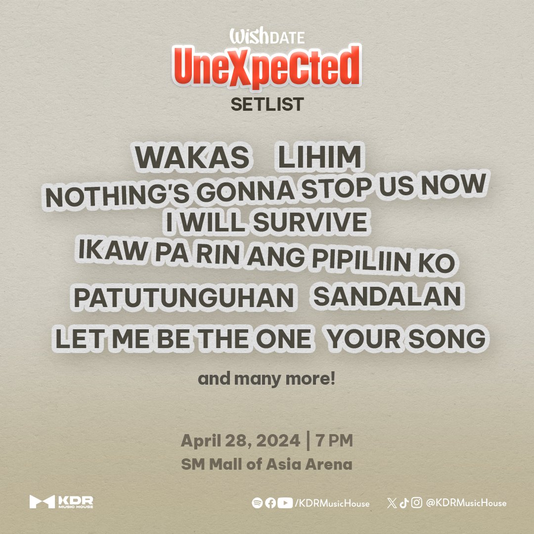 ✨ #WishDateUnexpected Setlist ✨ Brace yourselves for a night packed with relatable songs with unexpected twists and turns of the story. Sing along with Julie Anne San Jose, 6cyclemind, Arthur Miguel, Hakki and Cup of Joe.