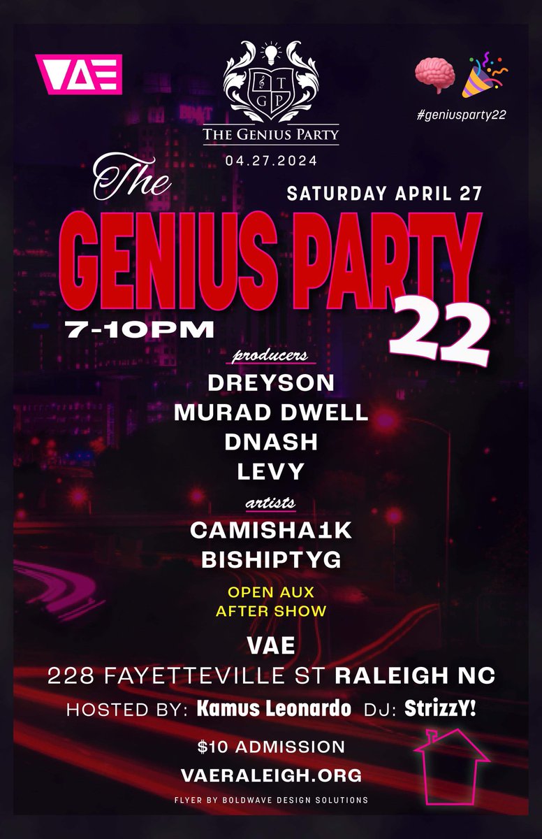 TheGeniusParty's tweet photo. Calling all artists &amp; producers! Join us this Saturday for GP 22 live from VAE Raleigh 🧠🎉  This is a monthly exclusive event designed to spotlight producers from all over the 🌍 

Come out and network + it’s an open aux afterwards if you would like to showcase your jams. 🔥 https://t.co/AWgPBbfLtB