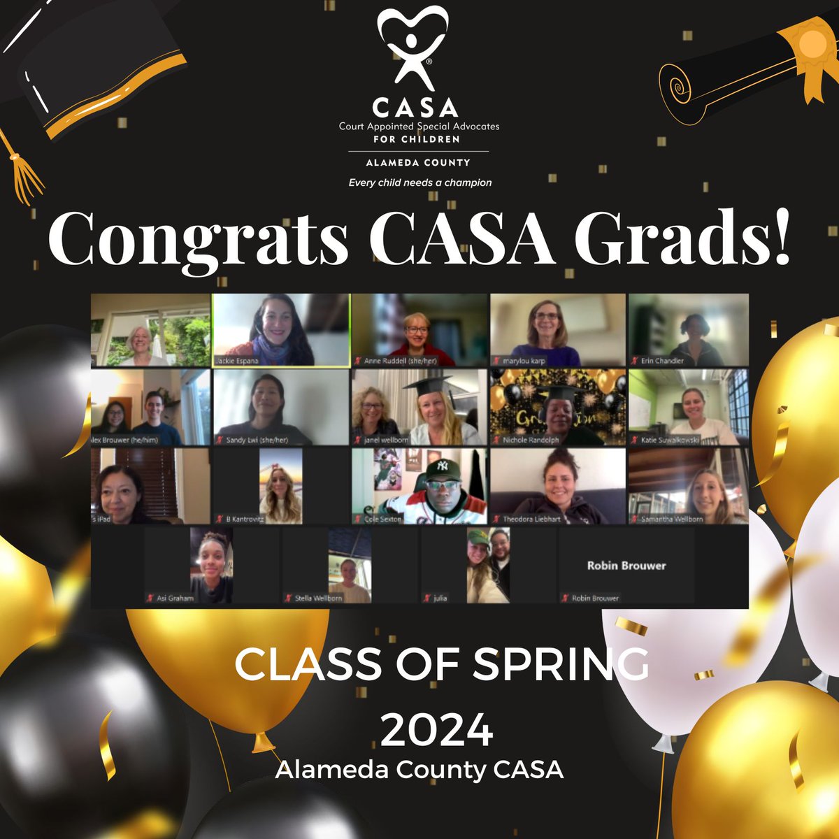 Congratulations to our Newest Class of Trained Volunteers here at Alameda County CASA! 🎉❤️👏😊

#AlamedaCountyCASA #CASAVolunteers #CongratsCASAGrads #NationalVolunteersWeek #EarlySpring2024