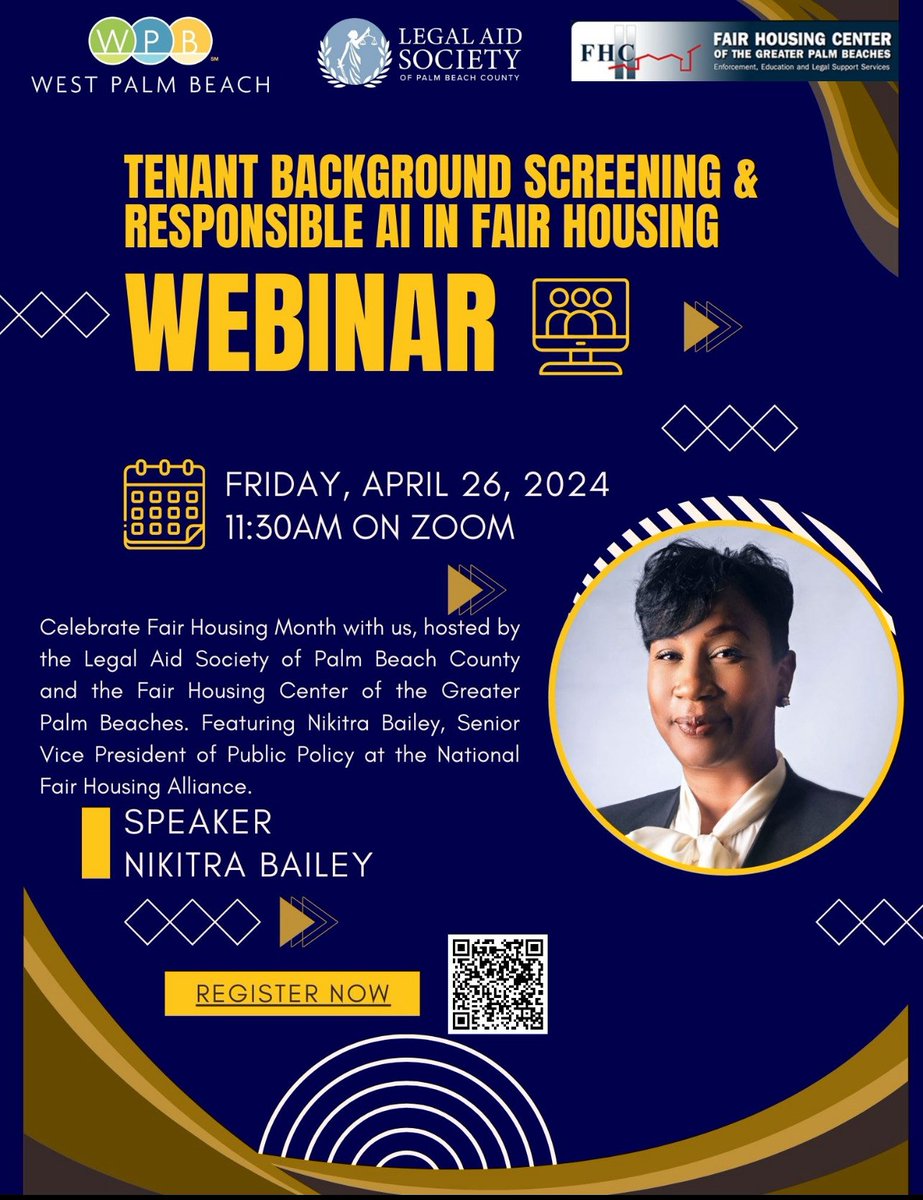 It’s Fair Housing Month! Please join @thecityofwpb, @LASPBC, @fairHousingGPB for a free webinar on Tenant Background Screening & Responsible AI in Fair Housing, Friday, April 26 at 11:30am. Click NOW: us06web.zoom.us/webinar/regist… #FairHousingMonth #FairhousingAct @natfairhousing