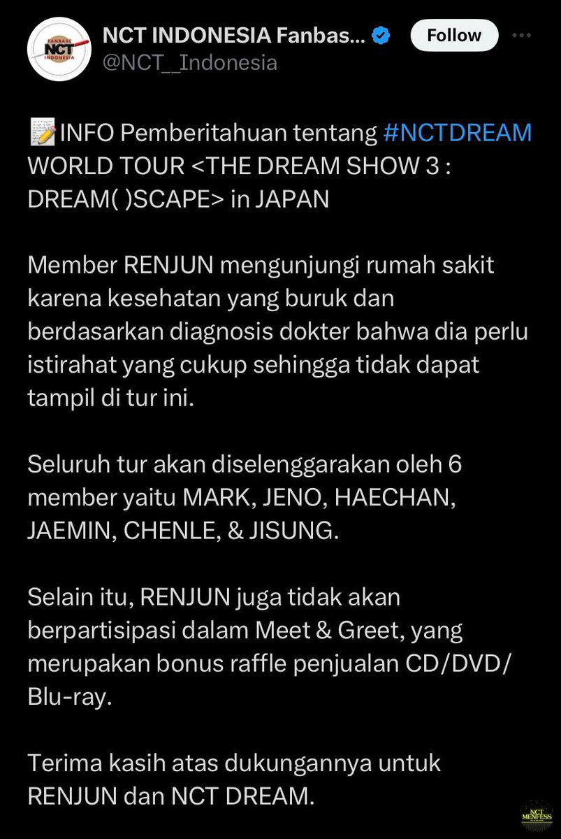 nct_menfess's tweet photo. nct! seluruh tur (seoul, japan, indonesia, thailand) akan diselenggarakan dengan mark, jeno, haechan, jaemin, chenle, jisung 🤗 cepat sembuh renjun, we love you 🤍 https://t.co/DrtGHzYKl6