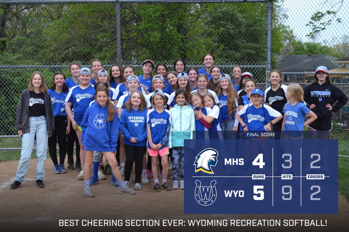 CoachCarrieWyo's tweet photo. These awesome young Wyo athletes stayed through the wind, rain and 8 innings to support Softball in a league win over Madeira. Led by Kenzie Howard with 13 Ks in the circle and 3 hits at the plate.  Audrey Kleeman smoked 2 triples AND a double (2 RBIs). https://t.co/uNwxczdRYU