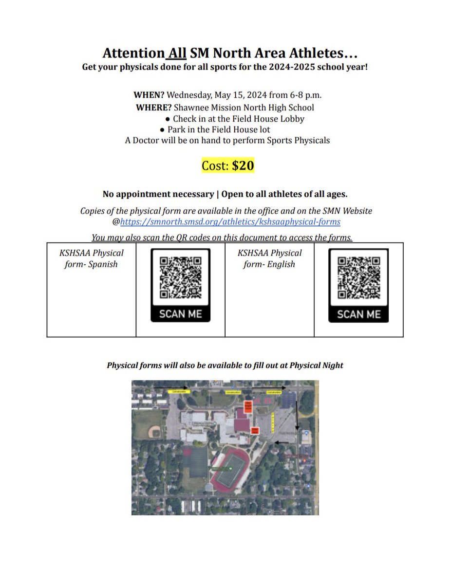 It's that time! Physical is a must, if ya want to play sports of any sort. 

Click the QR for forms needed. 
#areyoureadyforit 

@SM_NORTH_HS 
@SMNorthBooster 
@SMNorthPTSA 
@NorthBisonFB 
@SMNTrack
@SMNBoysBB
@SMN_Baseball
@HockerGroveMS 
@MerriamPta 
@EastAntiochSMSD