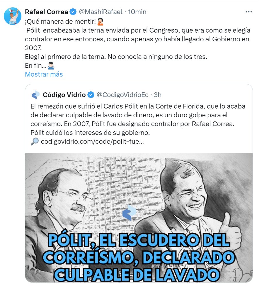 lahistoriaec's tweet photo. Lo dijo, lo dijo: "No conocía a Pólit". Rafael Correa ahora trata de desmarcarse del Contralor durante los 10 años de su gobierno, Carlos Pólit, ratificado en el cargo y con puntuación perfecta del @CpccsEc que dominaba completamente el correísmo. https://t.co/h7ZuSFCUFr