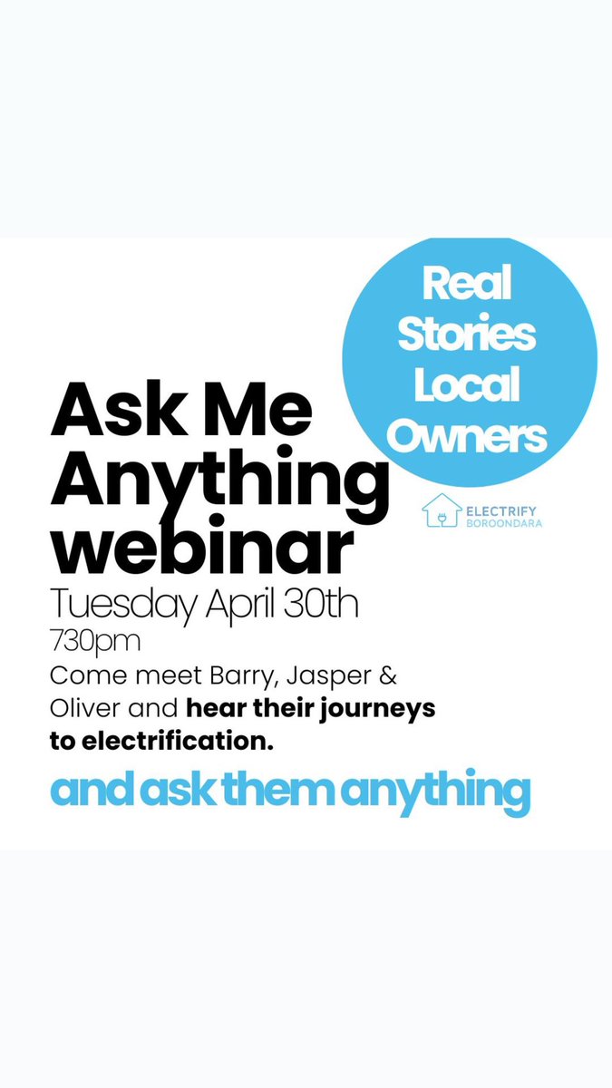 With only 6 days left until our electrification event, it’s time to mark your calendar & sign up to ask our homeowners…Anything! April 30th, 7:30pm & hear firsthand from Barry, Jasper, & Oliver about their electrification journeys. Secure your spot now - electrifyboroondara.org