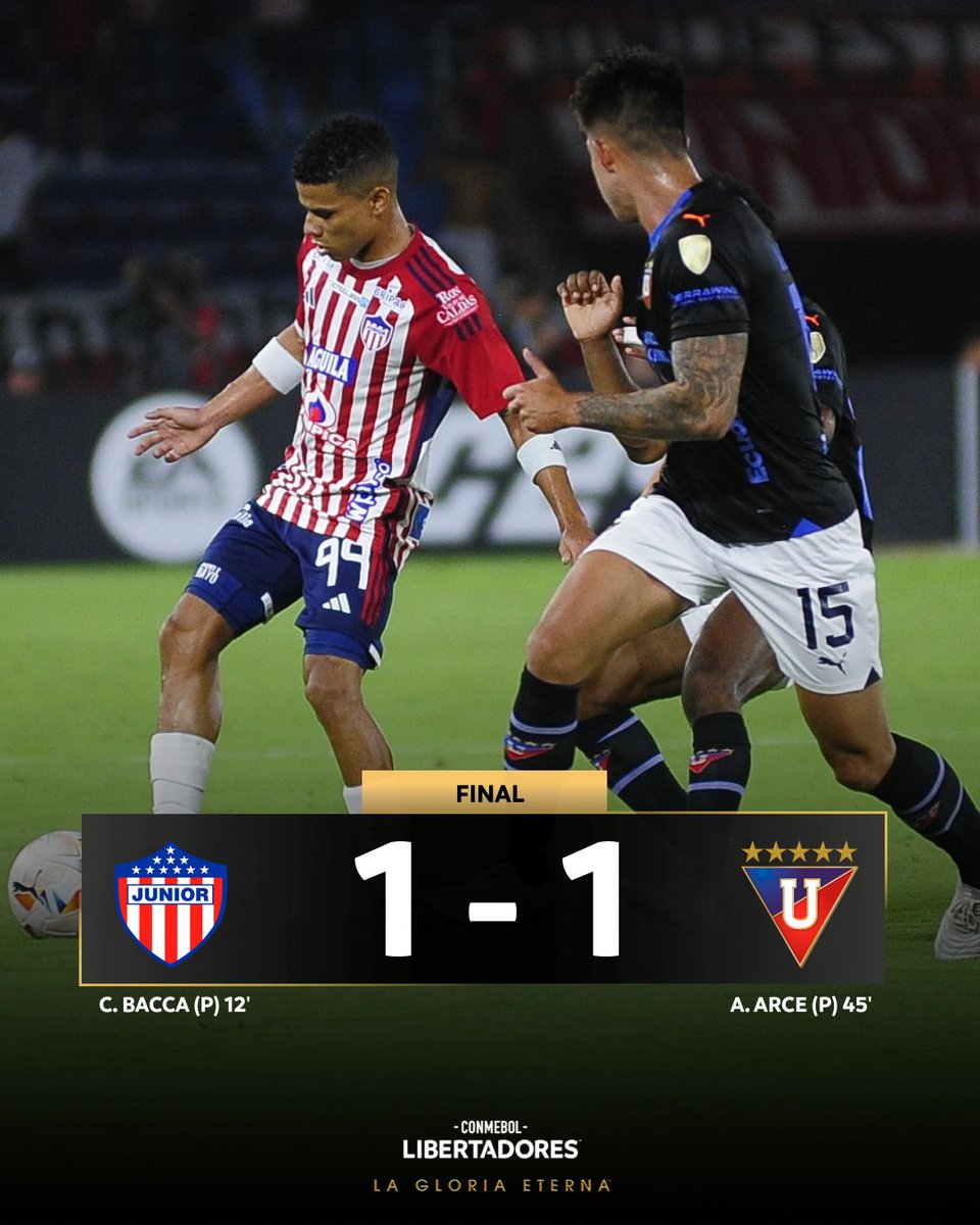 🤝✅ ¡Quedaron a mano! @JuniorClubSA 🇨🇴 y @LDU_Oficial 🇪🇨 igualaron 1⃣-1⃣ por la Fecha 3 del Grupo D de la CONMEBOL #Libertadores 🏆. #GloriaEterna