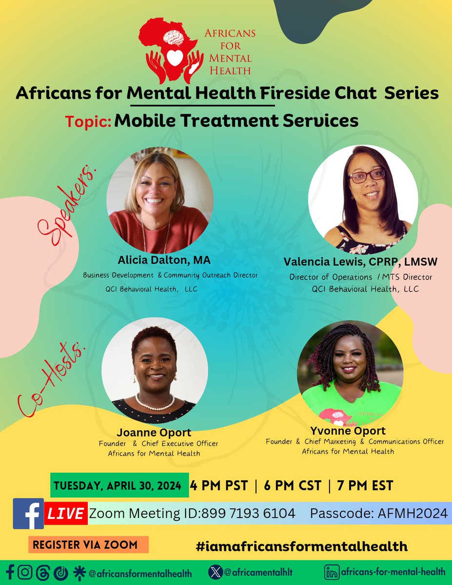 Join @Africamentalhlt Fireside Chat Series about Mobile Treatment Services on Tuesday, April 30, 2024. Register via Zoom us06web.zoom.us/meeting/regist… #iamafricansformentalhealth #mobiletreatmentservices #mentalhealth