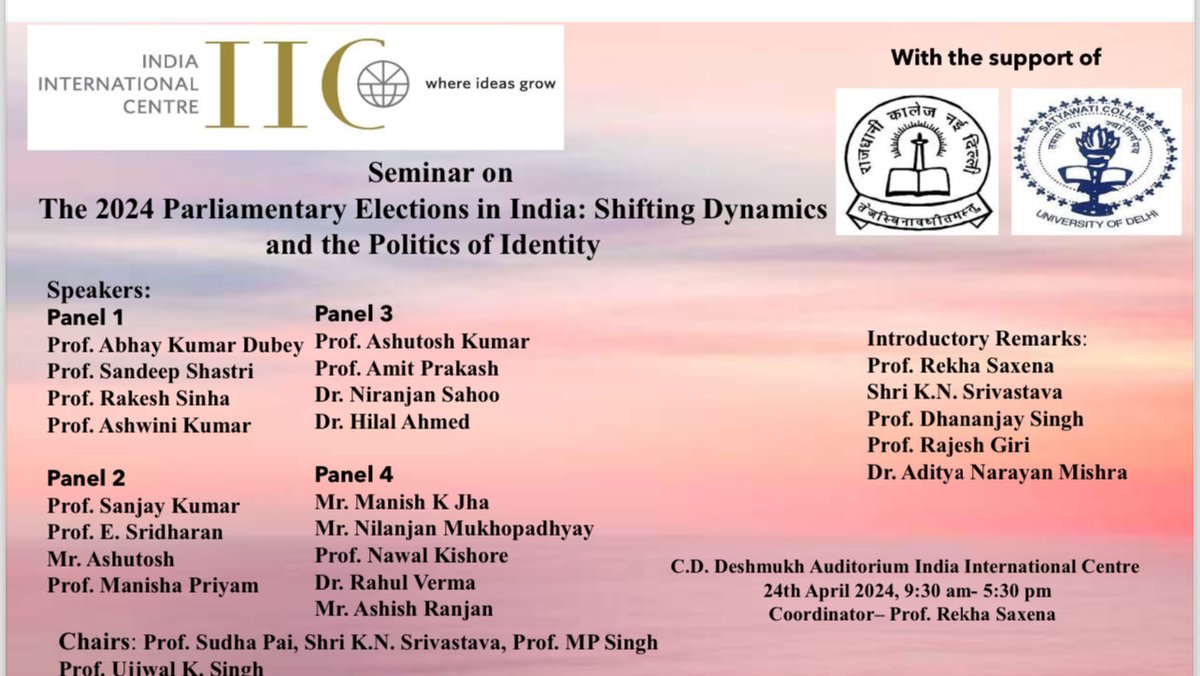 Join us today @IIC_Delhi with @SatyawatiCol_DU @RajdhaniDU @Sandeepshastri2 @Ashwanitiss @sanjaycsds @RakeshSinha01 @Ahmed1hilal @SudhaPai2 ⁦@priyam_manisha⁩