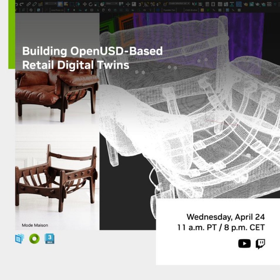 🟦NVIDIA #OpenUSD tabanlı #digitaltwins kullanarak tüm perakende ürün yaşam döngüsü süreçlerini nasıl dijitalleştirdiklerini öğrenmek için Mode Maison'un yer aldığı bu haftaki canlı yayına davet ediyor.