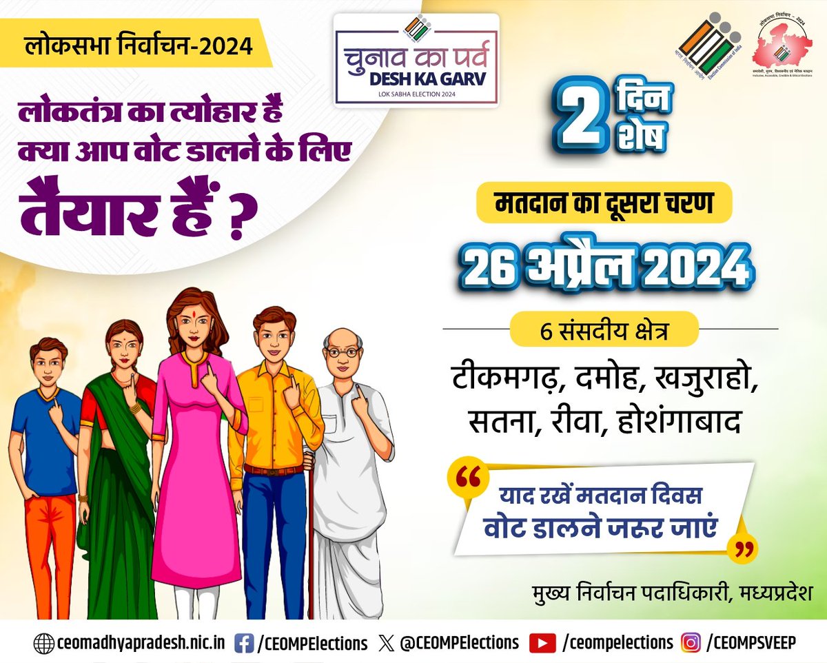 #LokSabhaElections2024 लोकतंत्र का त्योहार है क्या आप वोट डालने के लिए तैयार हैं ? 🗓️दूसरे चरण का मतदान- 𝟐𝟔 अप्रैल 2⃣ दिन शेष ... याद रखें मतदान दिवस वोट डालने जरूर जाएं @rajivkumarec @ECISVEEP #Election2024 #ivote4sure #ChunavKaParv #DeshKaGarv #MeraPehlaVoteDeshKeLiye