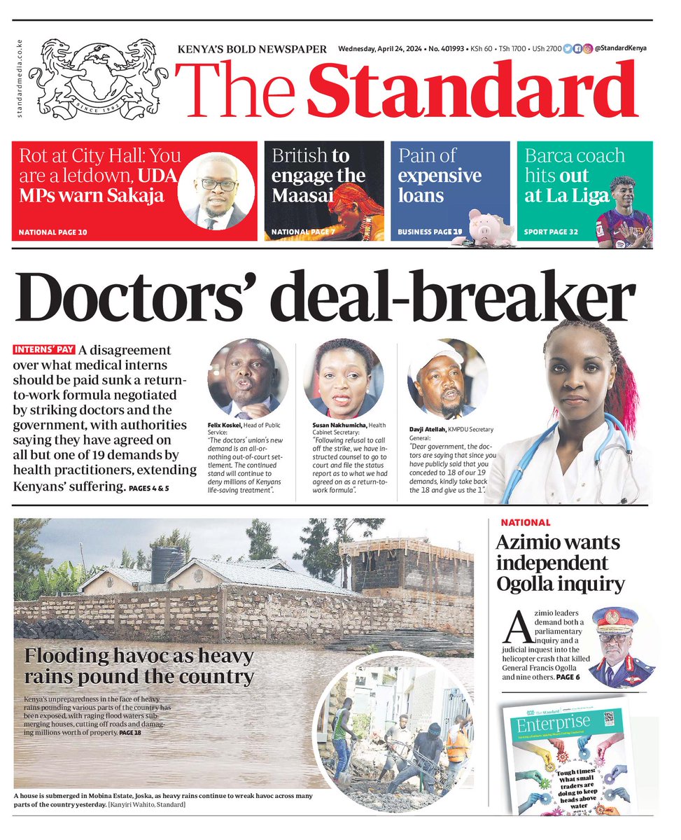 Front Page News: Doctors' deal-breaker. Subscribe to the epaper on epaper.standardmedia.co.ke to read these and more stories. #FactsFirst #MorningVybez