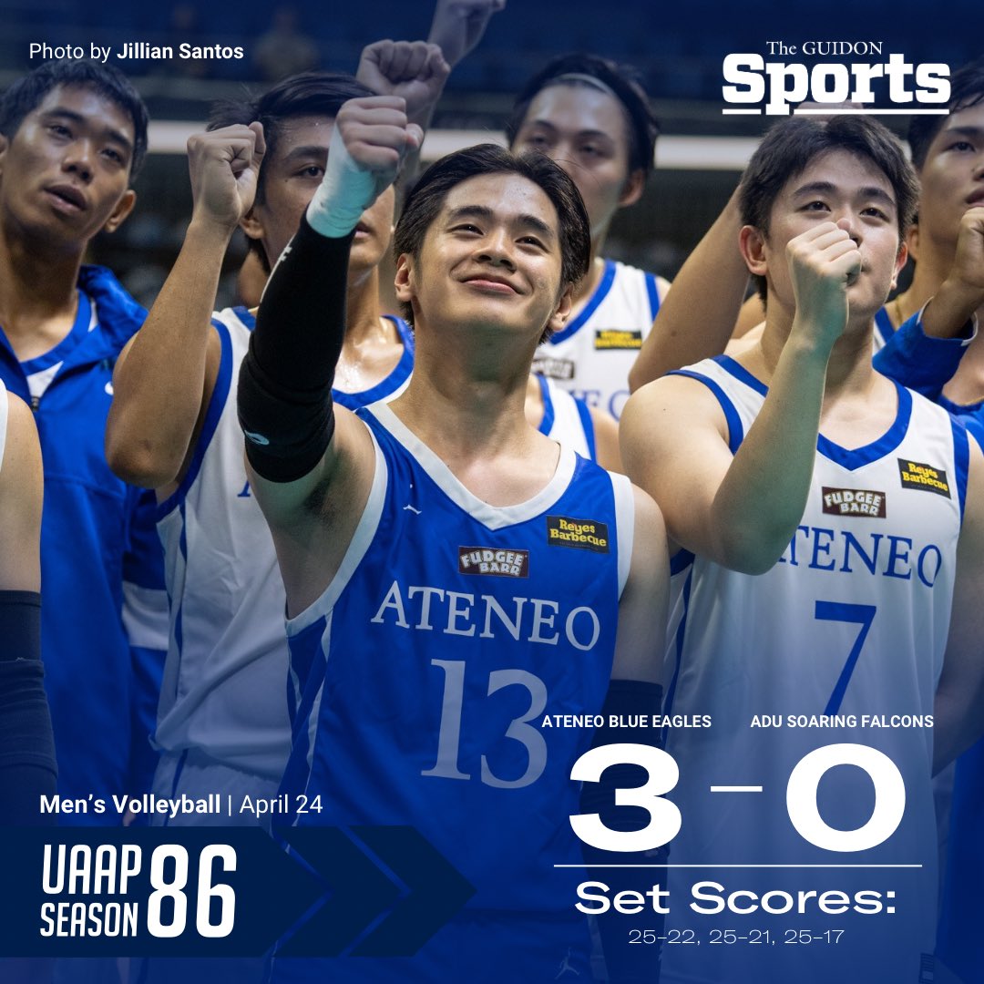 EAGLES ASCEND OVER THE FALCONS

The Ateneo Men’s Volleyball Team finishes UAAP Season 86 with a 7-7 record after thumping the AdU Soaring Falcons in straight sets. 

#AteneoVolleyball
#OneBigFight
#UAAPSeason86