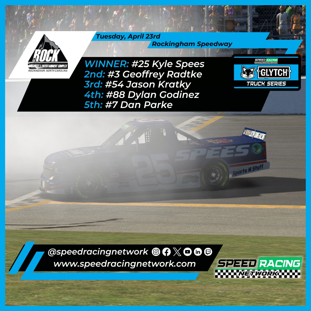 Kyle Spees wins at Rockingham and takes the points lead with one race to go in the regular season.

Watch Replay: youtube.com/watch?v=kEj7xy… 

#GoingForward #Racing #iRacing #eNASCAR #eSports #eRacing #SRN