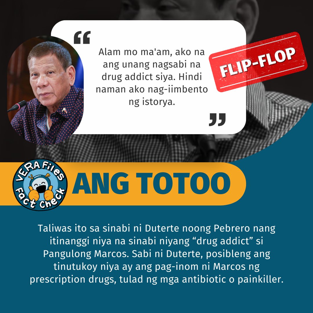 Sa loob ng wala pang dalawang buwan, itinanggi ni dating pangulong Rodrigo Duterte na inilarawan niya si Pangulong Ferdinand Marcos Jr. bilang isang “drug addict” at sinabing siya ang unang tumawag sa chief executive ng ganyan. Basahin: vera.ph/VFFCFil-Marcos…