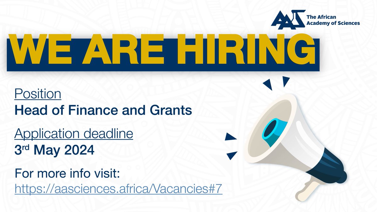 Vacancy alert! 📢 We are looking for a Head of #Finance & #Grants to join our team. The ideal candidate should have experience in financial management & policy development 🔗View the full job description here: bit.ly/3UtfLSt 📅Deadline: 3 May 2024 #AASciences #IkoKazi