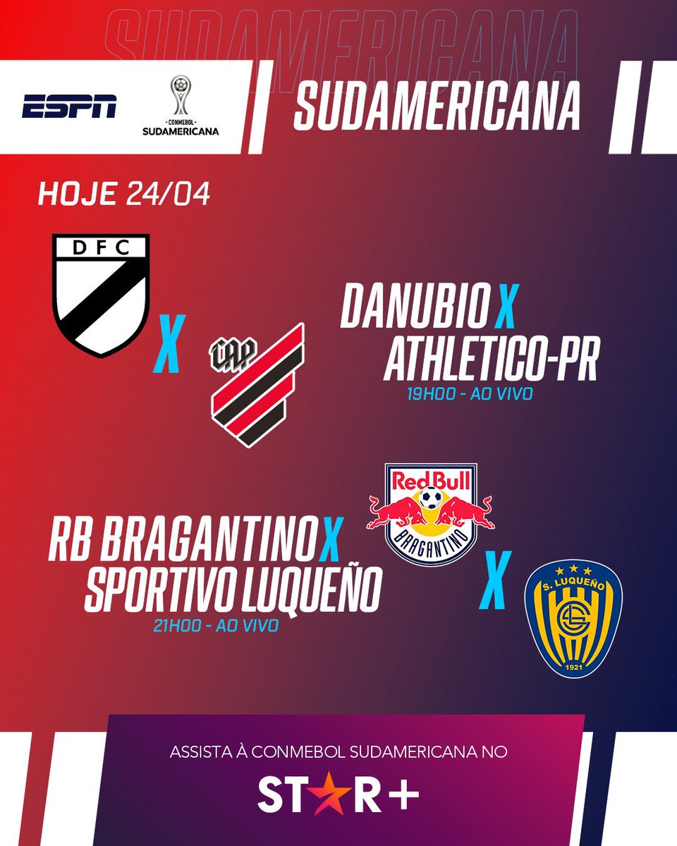 Quarta também de Sul-Americana!

ESPN 4 e @StarPlusBR 
19h00 Danubio x Athletico
@hamiltonrodr1, @RodrigoBuenoTV, @zeelias05 e @LeonardoGaciba 

21h00 RB Bragantino x Sp. Luqueño
@matheus_suman, @AndreDonke, Silas, @simonapito e @vladimirbianch1 

#SulAmericanaNaESPN