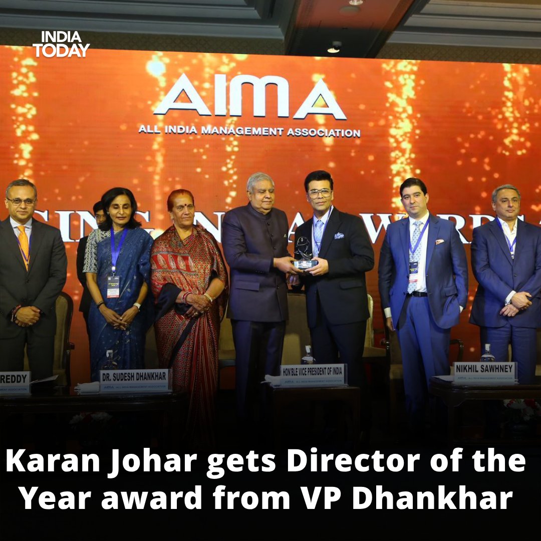 Filmmaker Karan Johar was honoured with the Director of the Year award at All India Management Association (AIMA)'s ninth National Leadership Conclave. He was presented with the award by the Vice President of India, Jagdeep Dhankar, for his film 'Rocky Aur Rani Kii Prem Kahaani'.