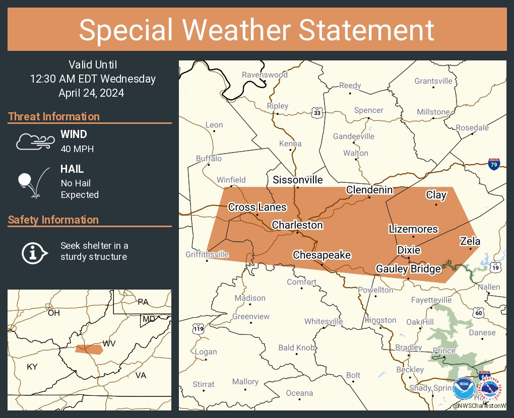 A special weather statement has been issued for Charleston WV, South Charleston WV and Saint Albans WV until 12:30 AM EDT