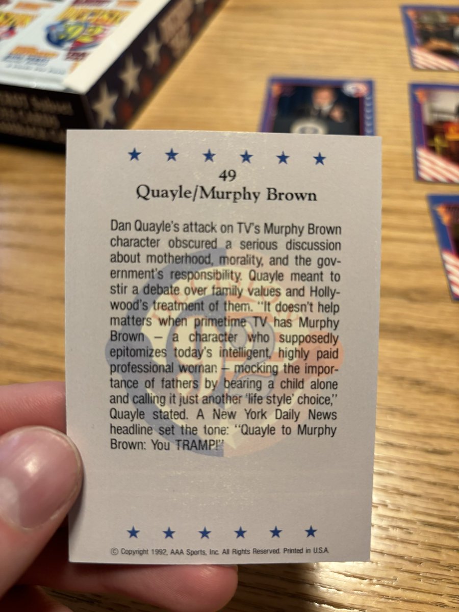 It’s been three decades, so the cards are stuck together. I have to peel them away. The first card I see is for Murphy Brown, which is terribly appropriate for this election. Here’s the story: sitcom “Murphy Brown” premiered on CBS in 1988. It starred Candace Bergen as a