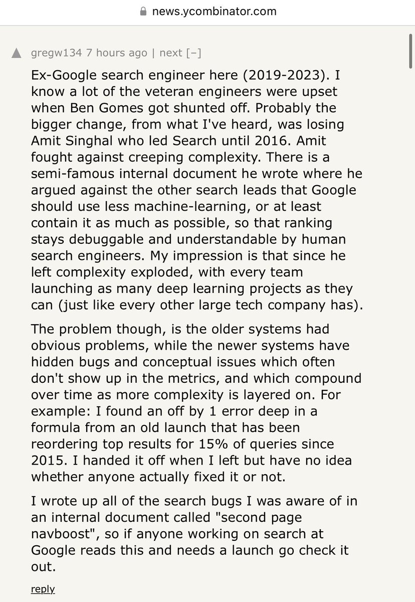 Further context from an ex search engineer that shares a little more context about how things got so much worse for search technologically news.ycombinator.com/item?id=401339…
