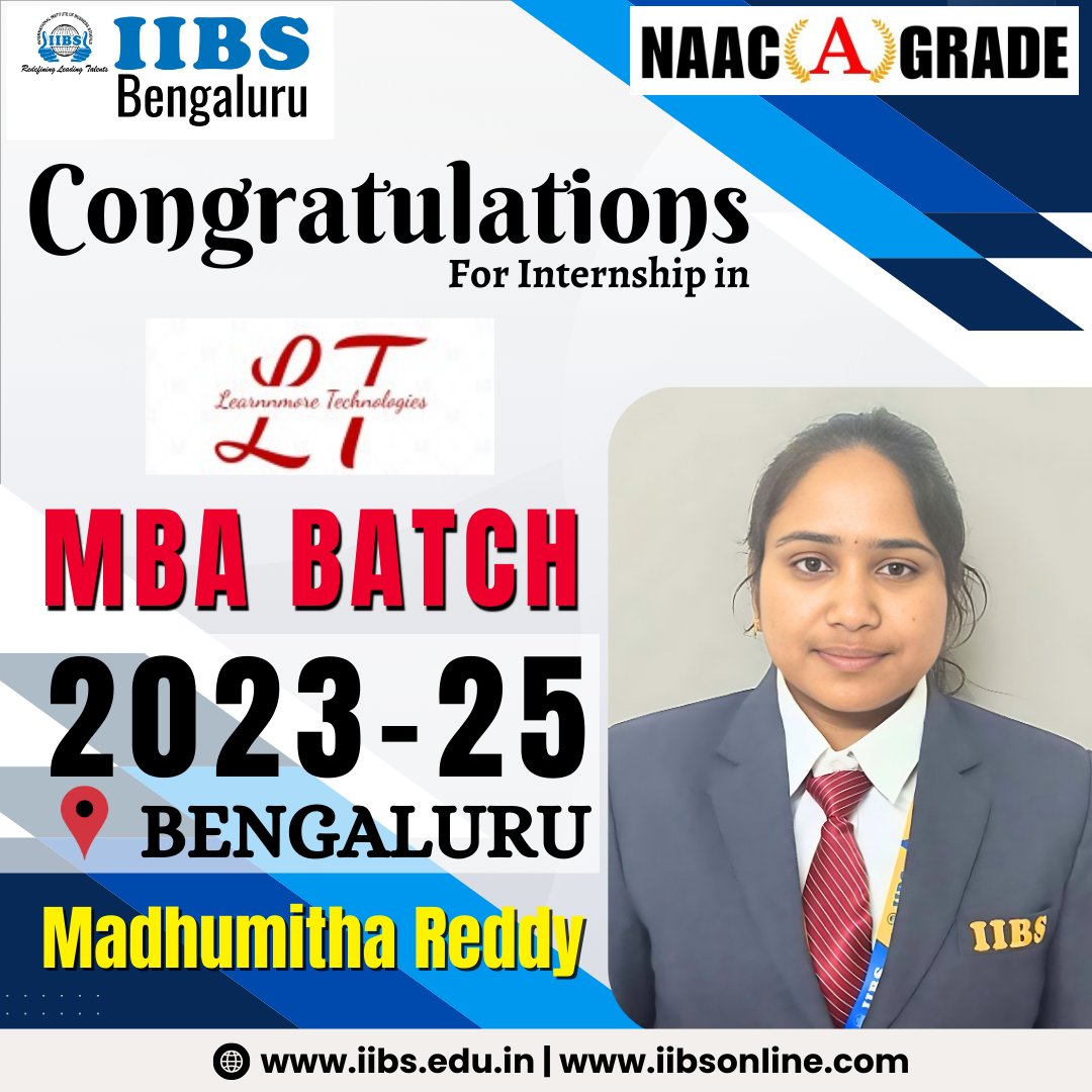 Congratulations to Madhumitha Reddy for securing a campus internship #opportunity at Learnmore Technologies from the #IIBS #MBA batch 2023-2025! We are incredibly proud of Madhumitha's accomplishment.

#Internship #MBA #Learnmore #placement #career #bschool #growth #bengaluru