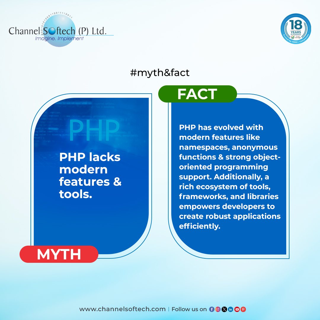 channelsoftech's tweet photo. PHP Development: Debunking Myths, Revealing Its Dynamic Evolution.
#channelsoftech #php #phpdevelopment #debunkingmyths #mythsandfacts #phpfacts https://t.co/7JrPl1N9U4