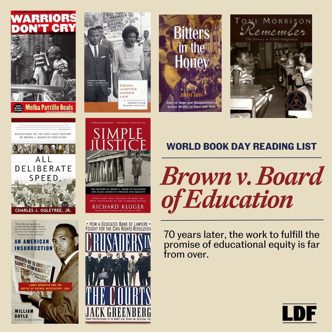 Join me and @NAACP_LDF this #WorldBookDay to commemorate the upcoming 70th anniversary of Brown v. Board of Education. Here is a list of excellent books about this pivotal time in U.S. history from the voices of students and lawyers who achieved this historic accomplishment!