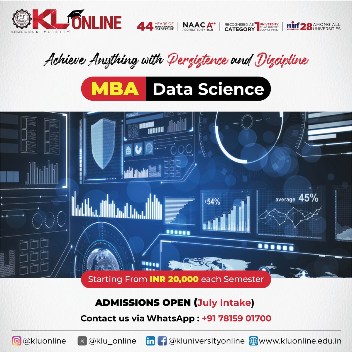 Data Science is playing a vital role in many fields. Enroll in an MBA in Data Science at KL Online and acquire the knowledge and skills required to excel in professional life.

Admissions open

#KLOnline #KLUniversity #Onlinedegree #onlinelearning #OnlineMBA #DataScience