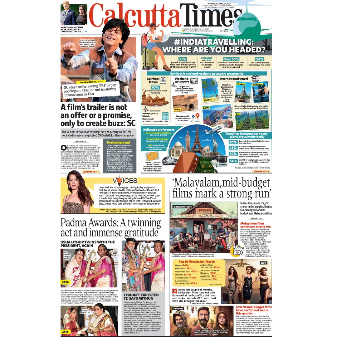 In today's Calcutta Times: Supreme Court rules in favour of Yash Raj Films, Veteran actor Mithun Chakraborty and singer Usha Uthup were honoured with Padma Bhushan, Take a look at India's latest travel trends #padmabhushan #honoured #traveltrends #tourism #calcuttatimes