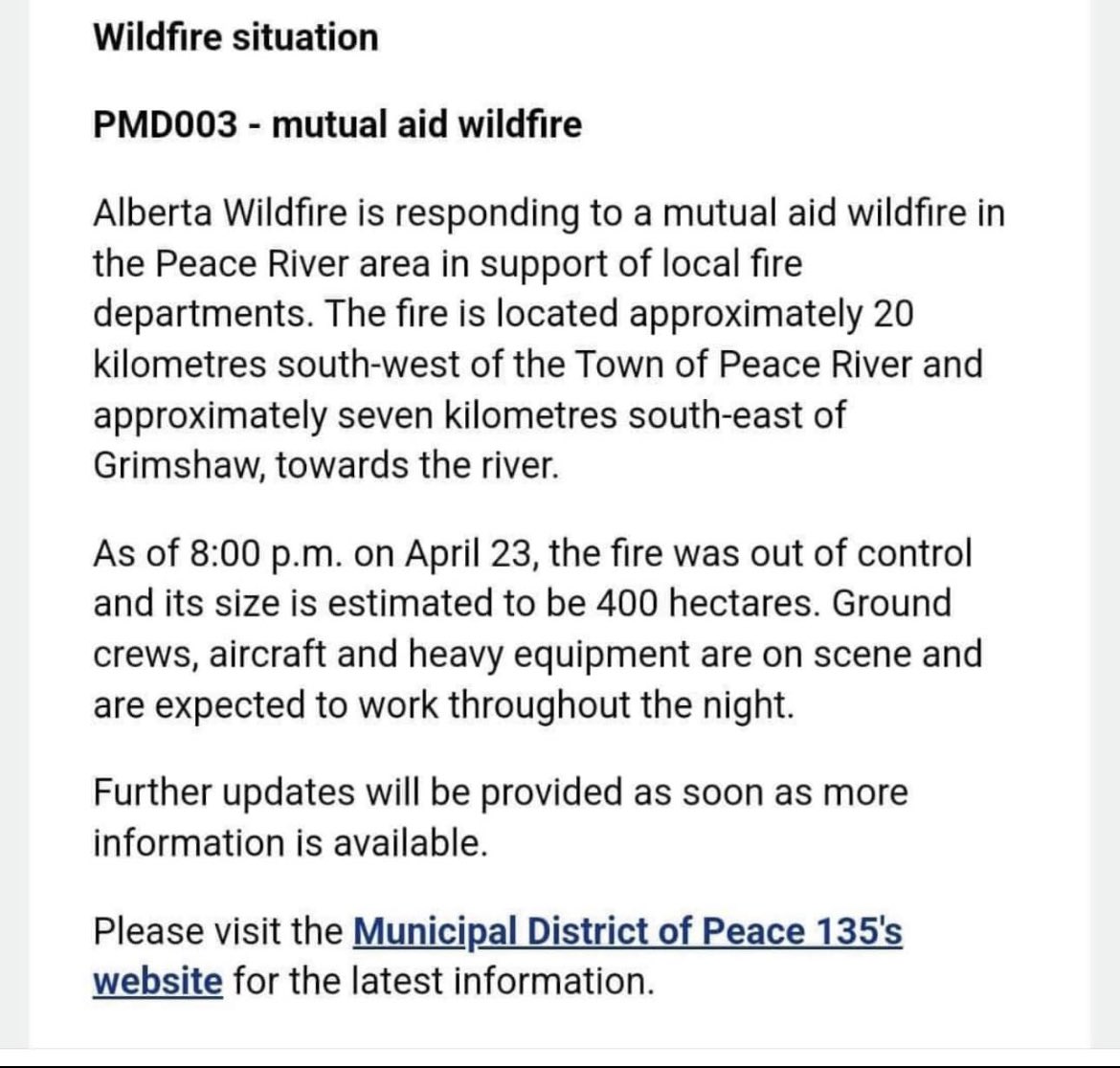 PMD003 near Grimshaw and Peace River is still out of control. #alberta #wildfires #grimshaw #peaceriver