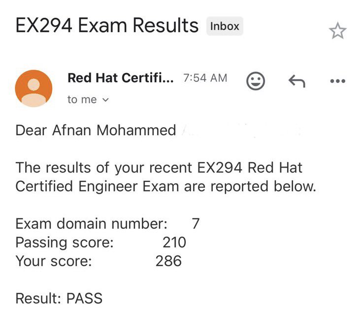 الحمدلله 🙏🏻 حصلت على شهادة  
Red Hat Certified Engineer 🥳

Score: 286 /300 ❤️‍🔥

#RHCE #ansible #Redhat
