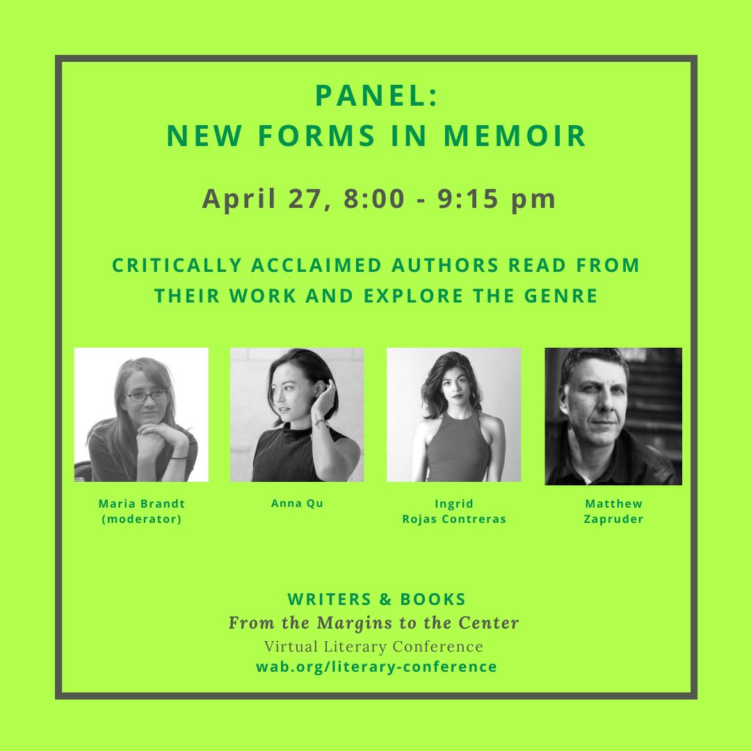 loved recording a panel for @WritersandBooks with @ingrid_rojas_c Anna Qu and Maria Brandt on New Forms in Memoir, will be aired this Saturday at 8pm ET/5pm PST