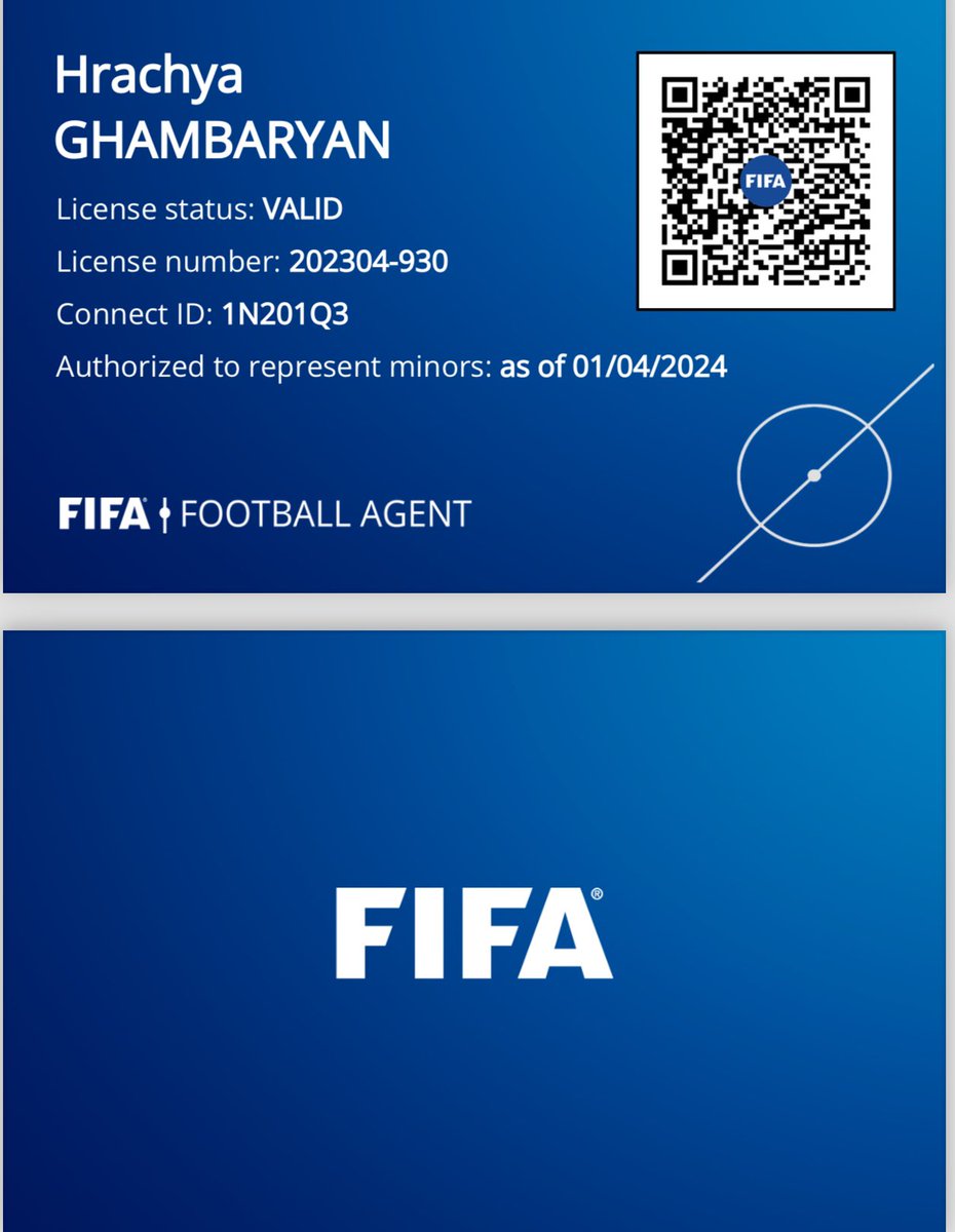 hrachghambaryan's tweet image. The @FIFAcom Football Agent License ID has been released also digitally.

Now is more easier for players/clubs to check whether person is qualified. 

Attached is mine for your reference.  

#yourtalentourconnections #wecareyouplay
#hgpartners #teamhg