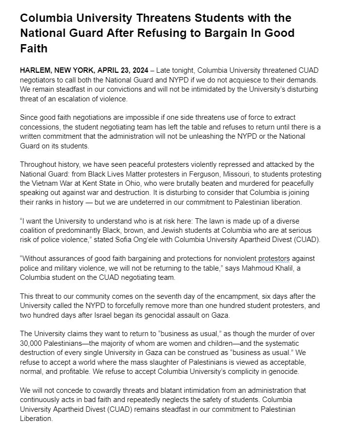 PRESS RELEASE: Columbia University Threatens Students with the National Guard After Refusing to Bargain in Good Faith. We refuse to concede to cowardly threats and blatant intimidation by university administration. We will continue to peacefully protest. #cu4palestine