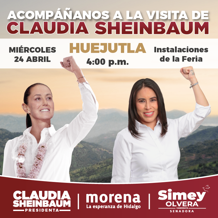 La doctora @Claudiashein regresa por cuarta ocasión a Hidalgo en este año. 

La #Huasteca recibirá con mucho amor a nuestra próxima presidenta. Les esperamos en este histórico evento. 

#VamosPorMásTransformación