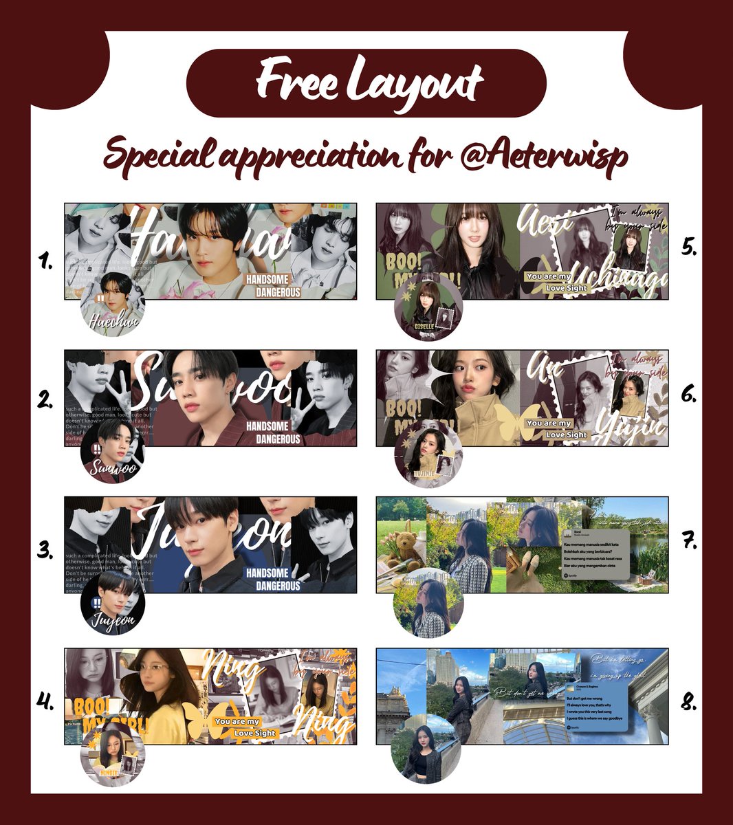 lylmia's tweet image. Help repost, please? Thank you so much!

Dalam rangka apresiasi buat ka @Aeterwisp! Ada 16 FREE LAYOUT yang bisa di claim hari ini ke DM @ryeounc Jam 19.35 WIB ❤️

Rules cek tweet berikutnya ya luv :3 #zonauang