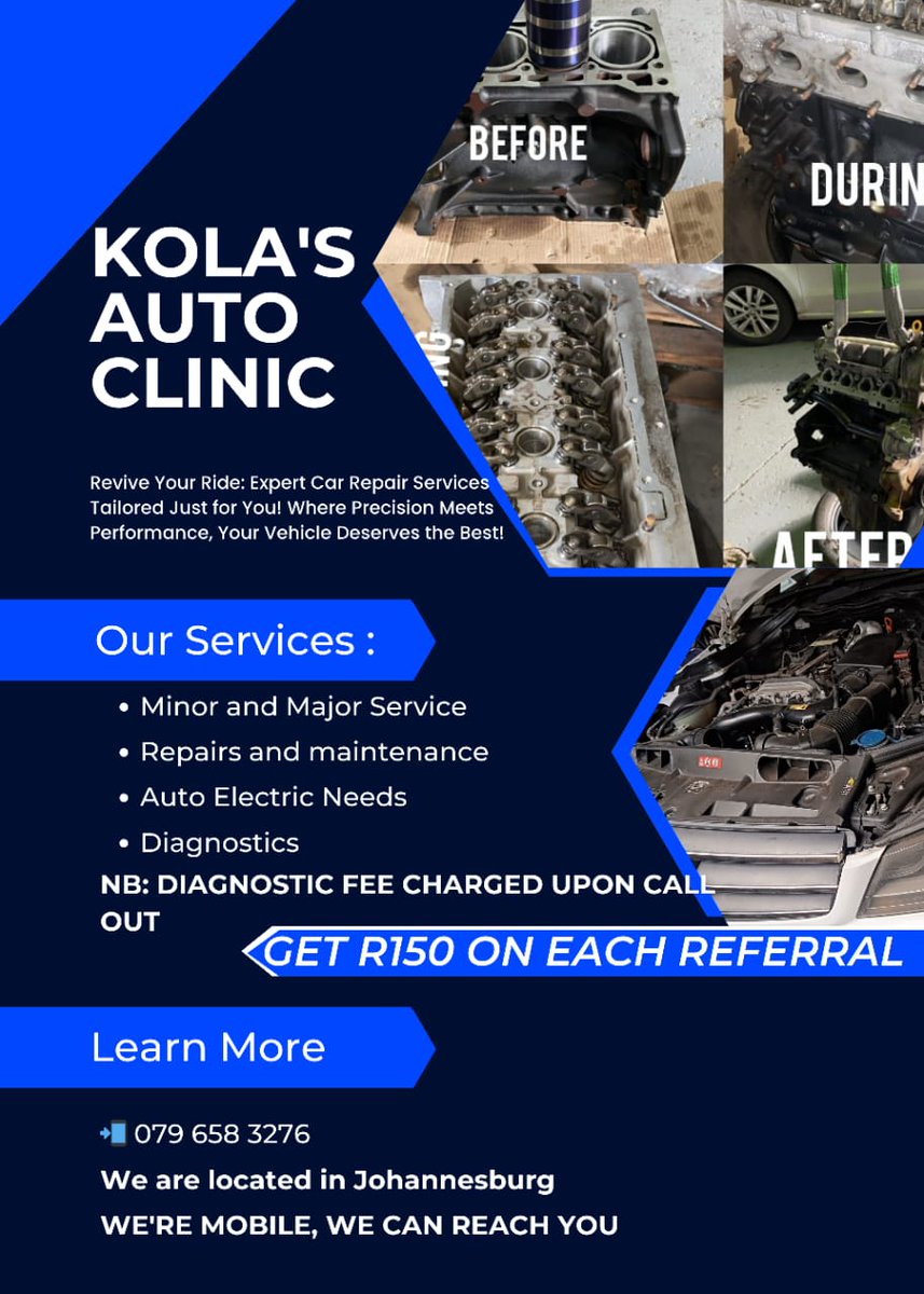KOLA'S AUTO CLINIC Need a Tune-Up? Contact Us Today! 🔧 Expert Mechanics 🚗 Quality Service ⚙️ Affordable Rates From routine maintenance to major repairs, we've got you covered. Trust your ride with us and experience the difference. Book your appointment now!'