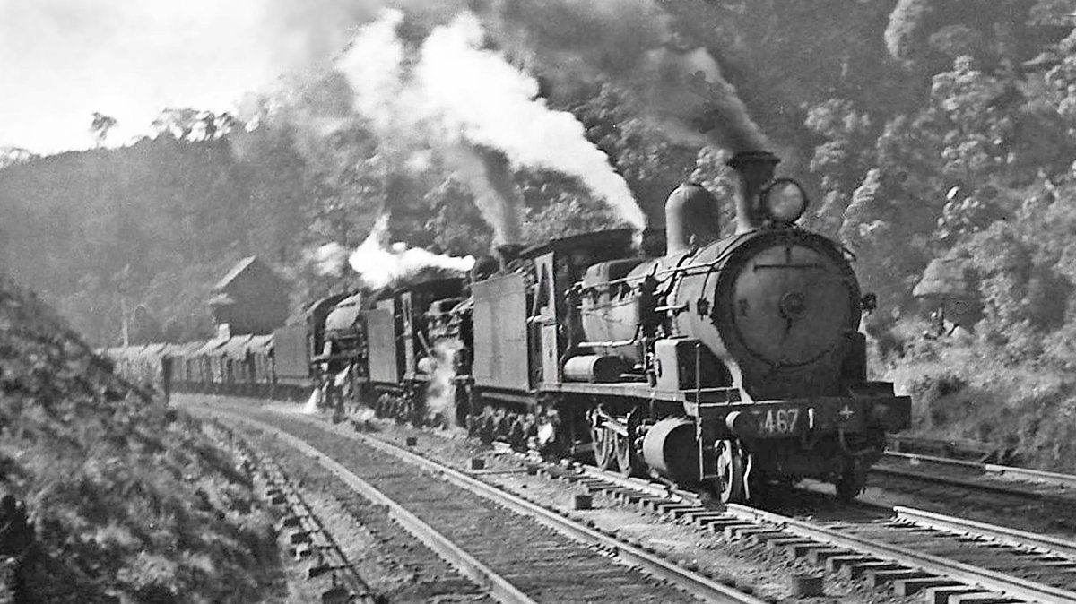 New South Wales Government Railway 2-8-0’s D53 No. 5467 & D 55 No. 5532, leading D57 3-cylinder 4-8-2 No. 5710 on a 1,500 ton goods at Zig Zag, Blue Mountains, October 1949. There was probably another 2-8-0 as a rear-end banker.