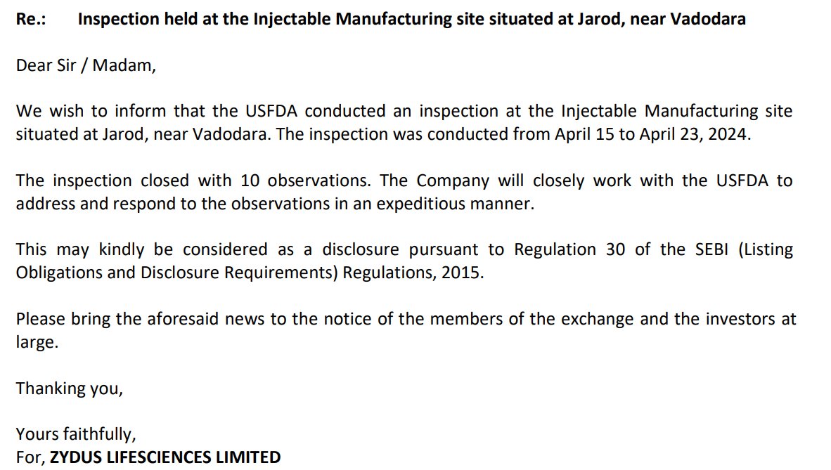 #Zydus Life: USFDA conducted an inspection at the Injectable Manufacturing site situated at Jarod, near Vadodara.

The inspection closed with 10 observations.

Co will closely work with the USFDA to address &respond to the observations in an expeditious manner.