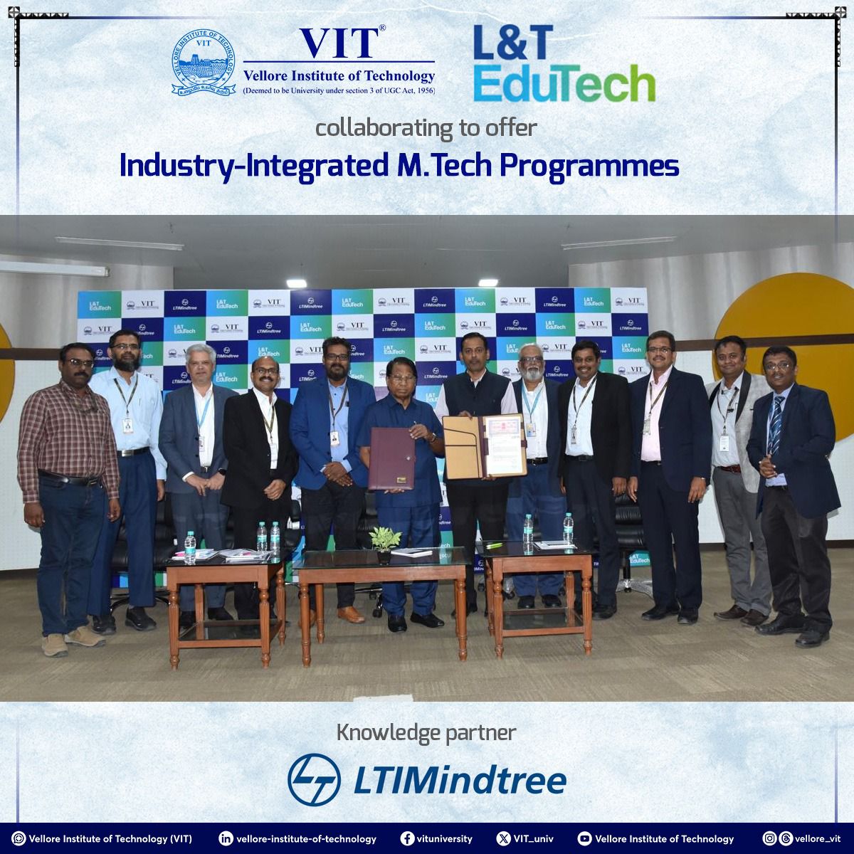 L&T Edutech and VIT signed MoU to offer Industry Integrated M.Tech programmes in knowledge partnership with LTI Mindtree. #VIT #LarsenandToubro #LTIMindtree #MTechPrograms #IntegratedMTech #ArtificialIntelligence #MachineLearning #DataScience