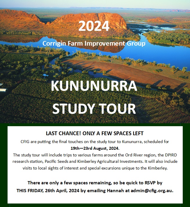 CFIG (@cfig_ag) on Twitter photo Last chance! CFIG Kununurra Study Tour registrations close this Friday, April 26, email Hannah at admin@cfig.org.au to secure the last couple of spots. Last chance! CFIG Kununurra Study Tour registrations close this Friday, April 26, email Hannah at admin@cfig.org.au to secure the last couple of spots.