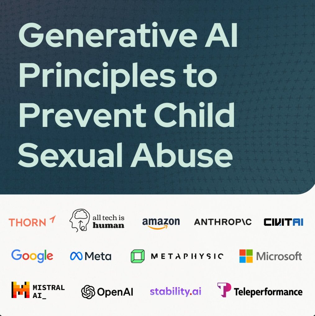 Stability AI は、@thorn、@AllTechIsHuman、その他の大手テクノロジー企業と提携し、AI によって生成された児童性的虐待コンテンツの作成と拡散を防ぐため、テクノロジーと製品に児童安全原則を実装することを約束しています。 この取り組みの詳細については、こちらをご覧ください。…