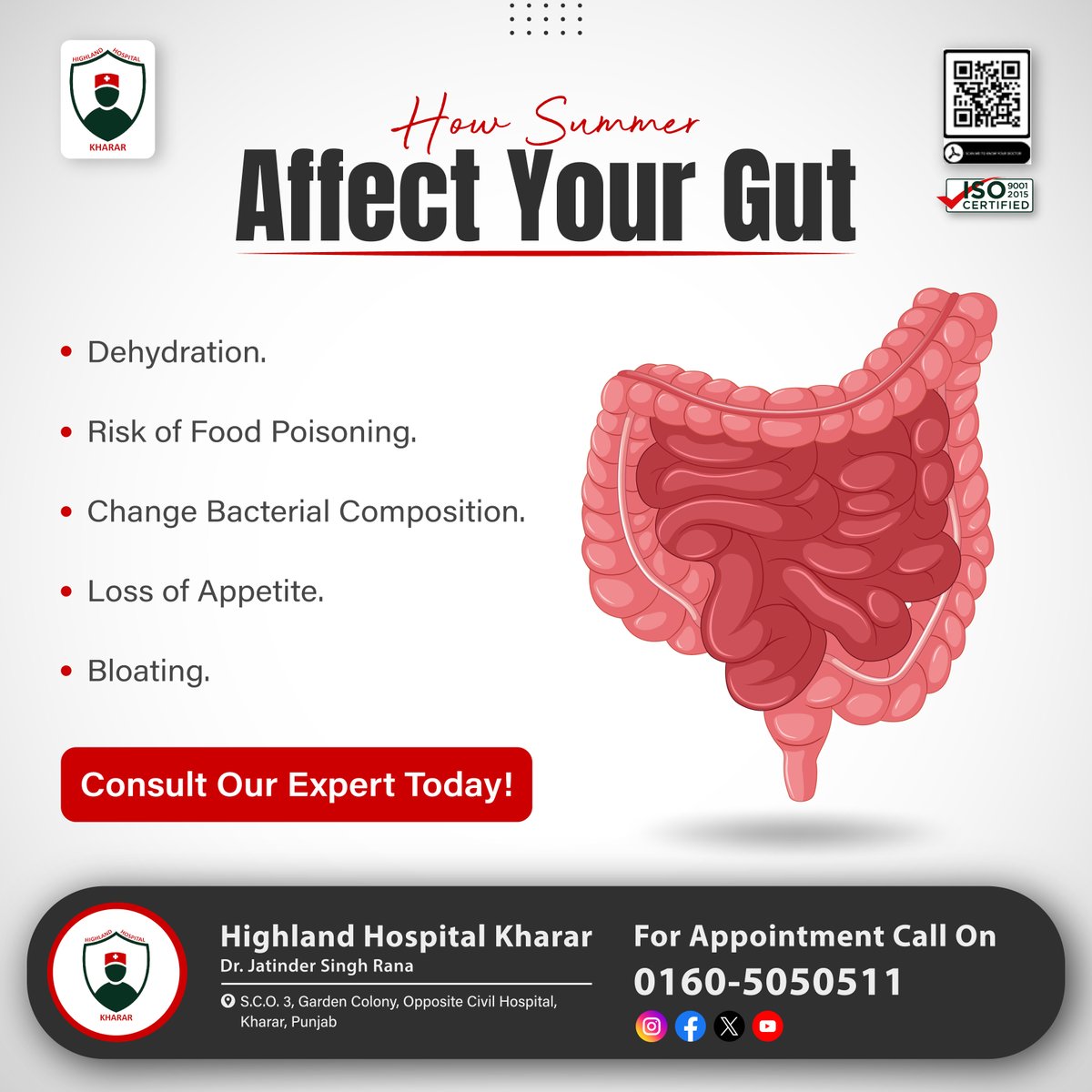 Summer is here, but did you know it can impact your #gut #health? At #HighlandHospitalKharar, we're committed to helping you understand and manage these changes. 
.
#GutHealthMatters #Kharar #Mohali #DrJatinderSingh #Besthospital #HappyBirthdaySachin #StayHydrated #Probiotics