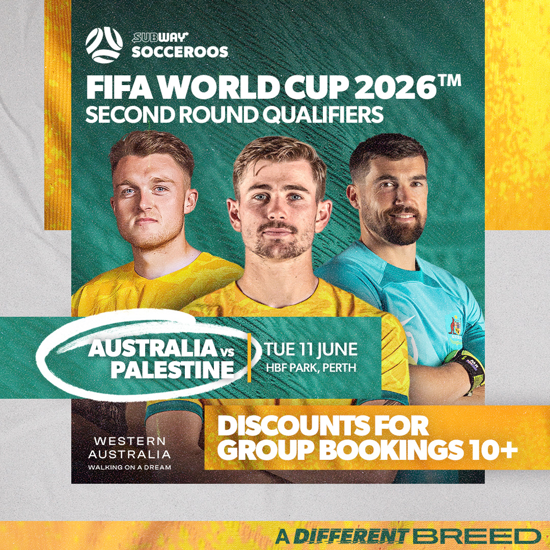 🚨🏟️ Discounts for Group Bookings of 10+ people for our match against Palestine at HBF Park are now available! 🎟️ Tickets: tinyurl.com/yjb5tzrs #Socceroos #DifferentBreed