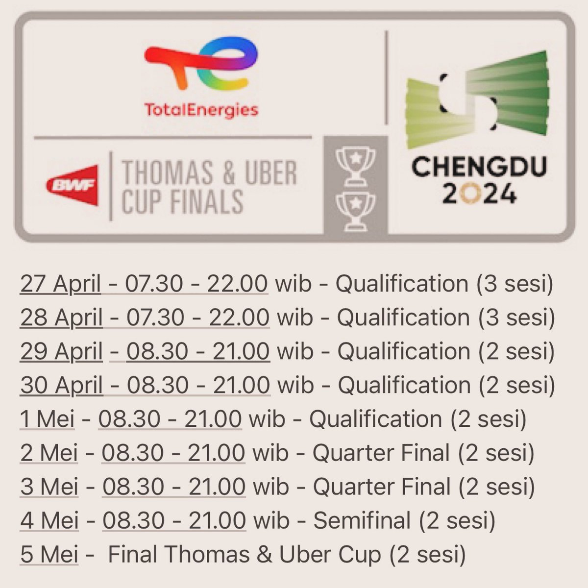 LIVE SCHEDULE THOMAS UBER CUP 2024 @officialinews_ 27 April - 5 Mei 2024, panjang & lama nih Guys matchnya 🔥🔥🔥 Semoga Team Thomas & Uber INA 🇮🇩🇮🇩🇮🇩 mendapatkan hasil yg terbaik!! Amin🏸🏸🏸 Komentar kalian? #badminton #thomasubercups2024 #inewstv