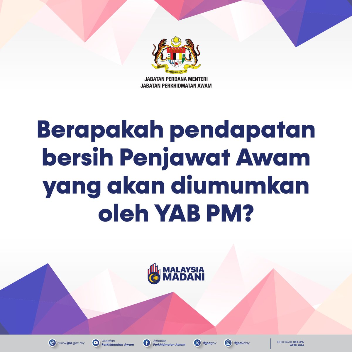 YAB Dato’ Seri Anwar bin Ibrahim, Perdana Menteri akan mengumumkan penambahbaikan gaji, termasuk usaha meningkatkan kadar pendapatan bersih penjawat awam pada Perhimpunan Hari Pekerja nanti. Ini adalah hasil daripada Kajian Sistem Saraan Perkhidmatan Awam (SSPA).